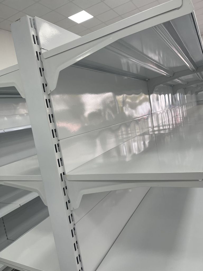 Scaffalatura metallica bifacciale da negozio bianca 5 ripiani 100x100x200