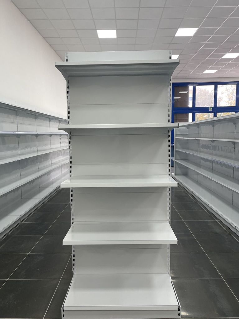 Gondola espositiva centrale in metallo bianco pannello a 5 strati 100x50x240